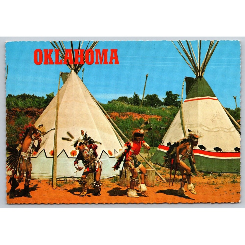 Postcard Oklahoma Native Dancers Indian War Dance Tepees Vintage c1970s OK
